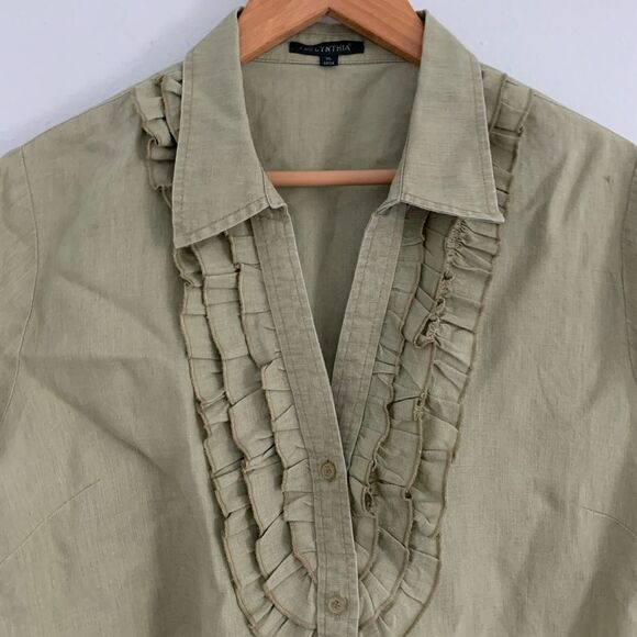 For Cynthia light green 100% linen button down shirt sleeved ruffle chest XL - Picture 2 of 6